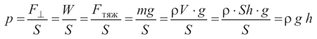 Форм. 4.6. Способ вывода формулы для подсчёта гидростатического давления – частного случая формулы p = F/S.
