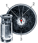 Спинтарископ Крукса: в разрезе (сверху), общий вид (слева), вид в окуляр (справа) - просматривается конец иглы с радиоактивным изотопом и вспышки свта на экране под ним.